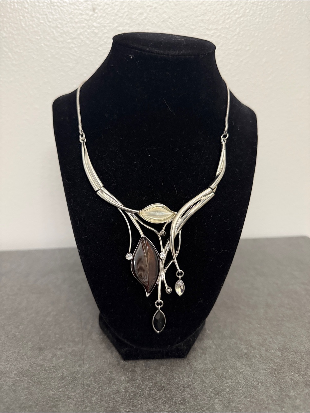 Silver Leaf Drop Necklace with Smoky Accent